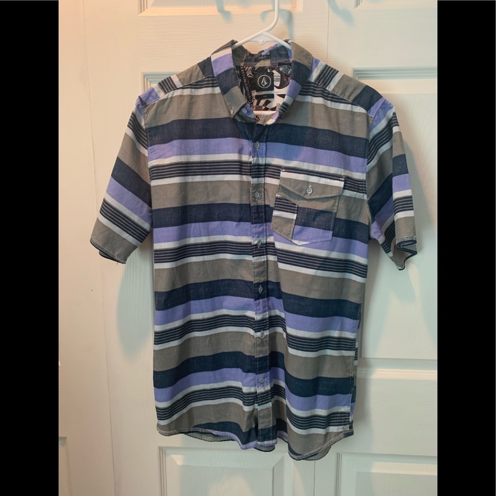 Volcom Men's Striped Casual Button Down Shirt - Blue, Gray, White